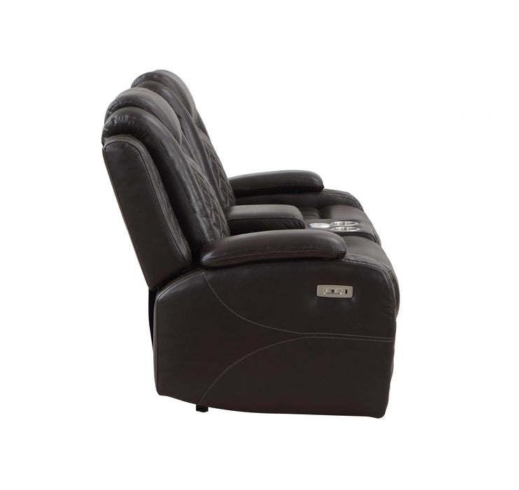 JOSHUA LEATHER CONSOLE LOVESEAT W/ DUAL RECLINERS-DK BROWN