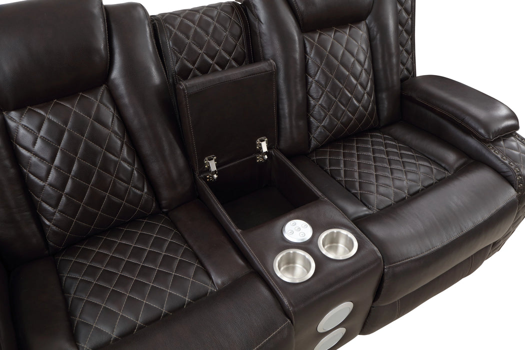 JOSHUA LEATHER CONSOLE LOVESEAT W/ PWR FR & HR-DK BROWN