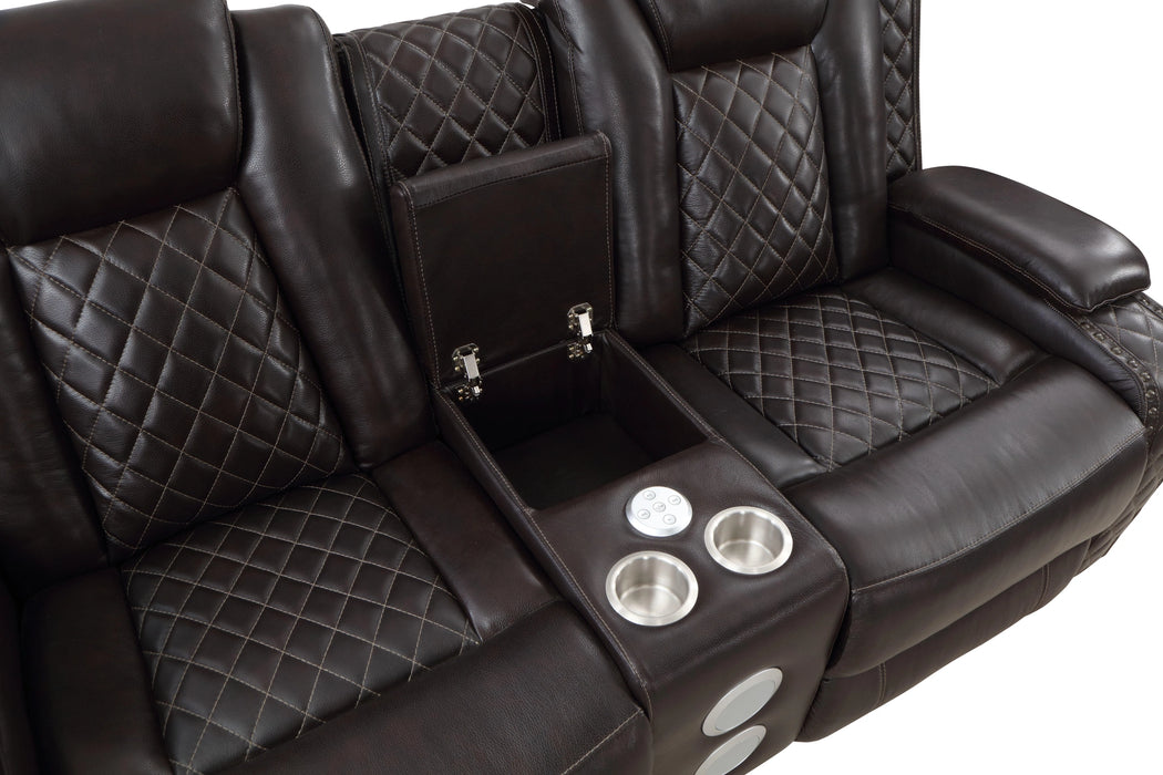 JOSHUA LEATHER CONSOLE LOVESEAT W/ DUAL RECLINERS-DK BROWN