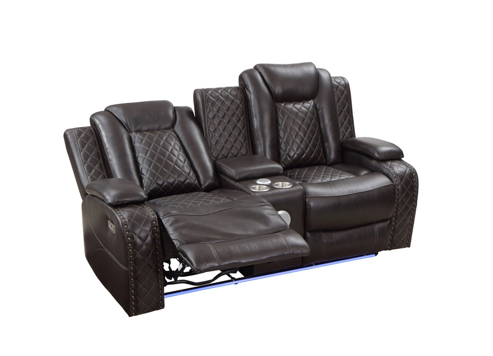 JOSHUA LEATHER CONSOLE LOVESEAT W/ PWR FR & HR-DK BROWN