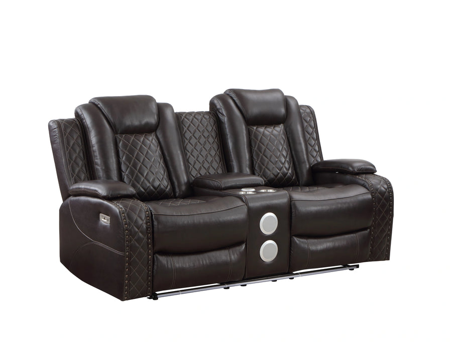 JOSHUA LEATHER CONSOLE LOVESEAT W/ PWR FR & HR-DK BROWN
