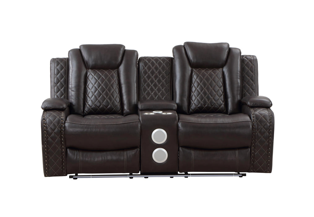 JOSHUA LEATHER CONSOLE LOVESEAT W/ DUAL RECLINERS-DK BROWN