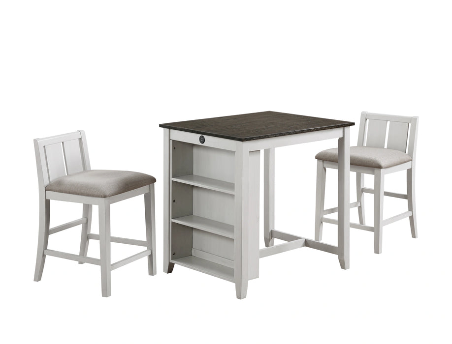 HESTON 36" STORAGE COUNTER TABLE SET W/2 CHAIRS-WHITE/GRAY