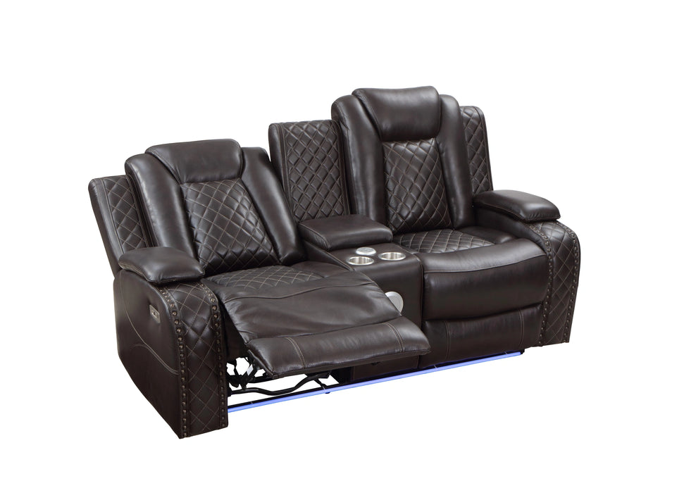 JOSHUA LEATHER CONSOLE LOVESEAT W/ DUAL RECLINERS-DK BROWN