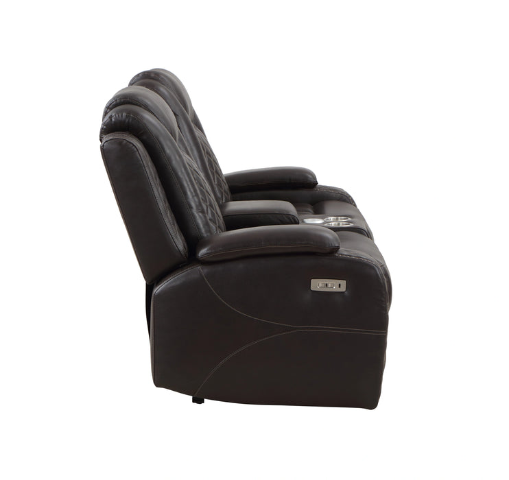 JOSHUA LEATHER CONSOLE LOVESEAT W/ PWR FR & HR-DK BROWN