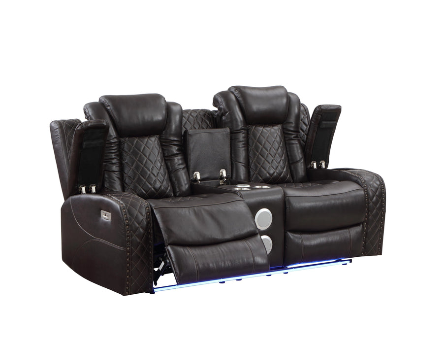 JOSHUA LEATHER CONSOLE LOVESEAT W/ DUAL RECLINERS-DK BROWN